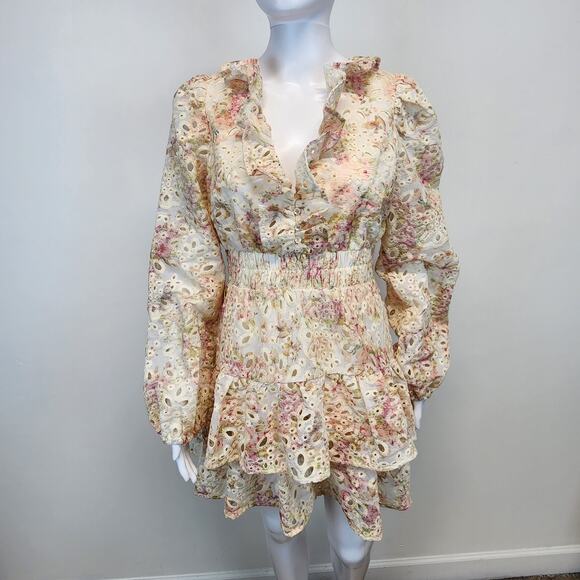 Line and Dot Meadow Mini Dress Size M Eyelets Blouson Sleeve Ruffle Neck Lined - Picture 1 of 16